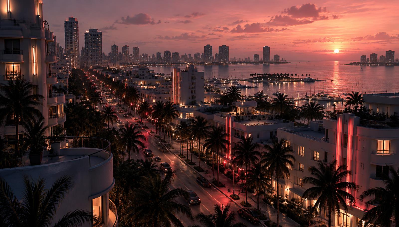 Original coastal-city homage with palm-lined avenues at dusk