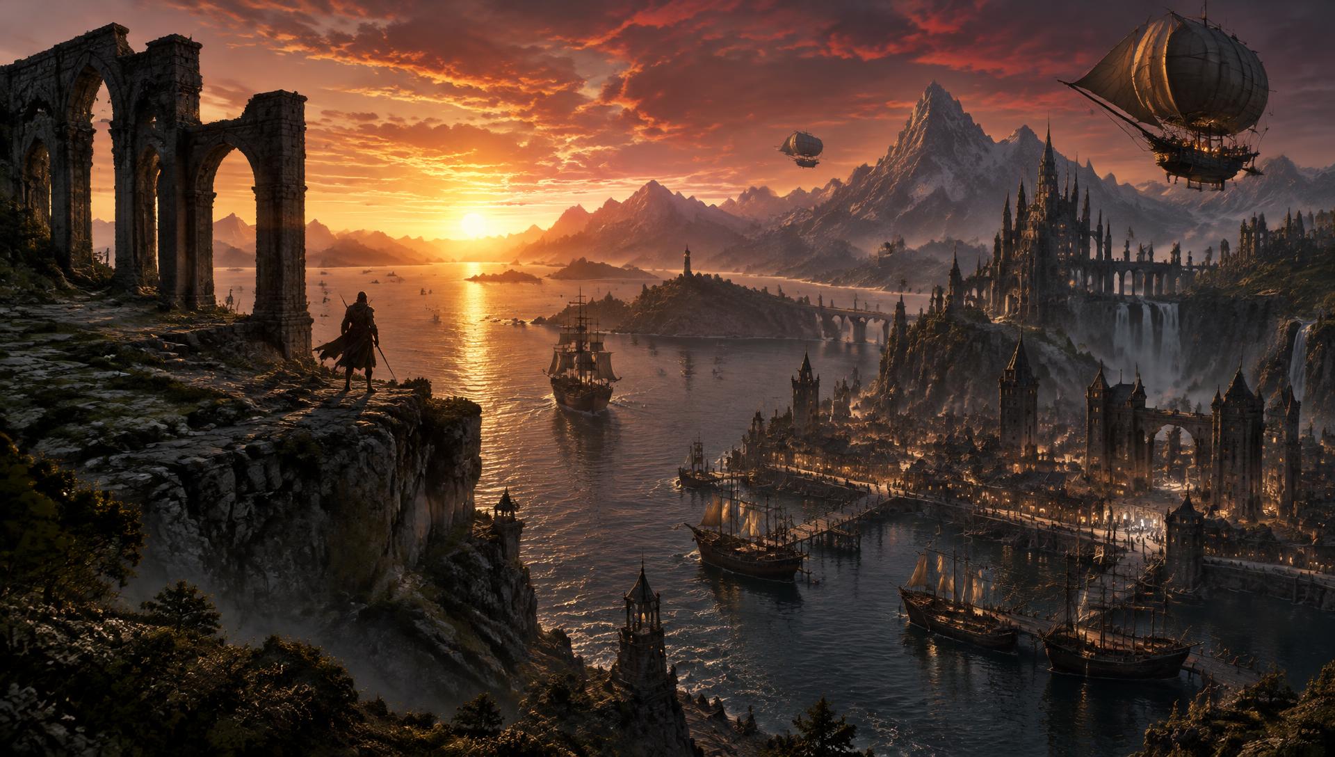 Original frontier-continent homage with harbor, cliffside ruins and airships at dusk