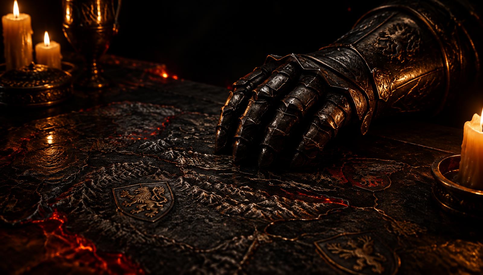 An armored gauntlet resting on an engraved war map by candlelight